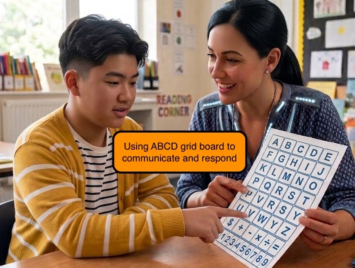 Student using ABCD grid board to communicate and respond